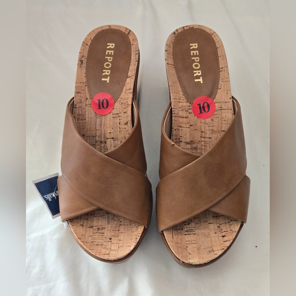 REPORT NEW Cork Sandals Wedge Heels Brown Platform Size 10 Open toe Crisscross